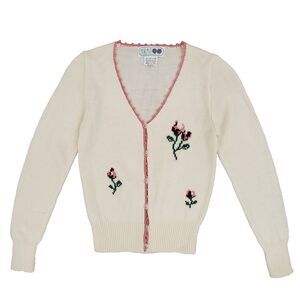 Vtg 70s Hukapoo Knit Embroidered Cardigan Sweater M Coquette Dainty Cottagecore